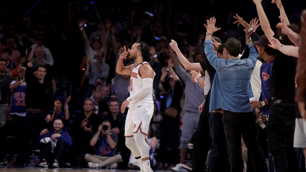 New York Knicks guard Jalen Brunson (11) celebrates his three point shot against the Boston Celtics during the fourth quarter of game six in the second round of the 2025 NBA Playoffs at Madison Square Garden.