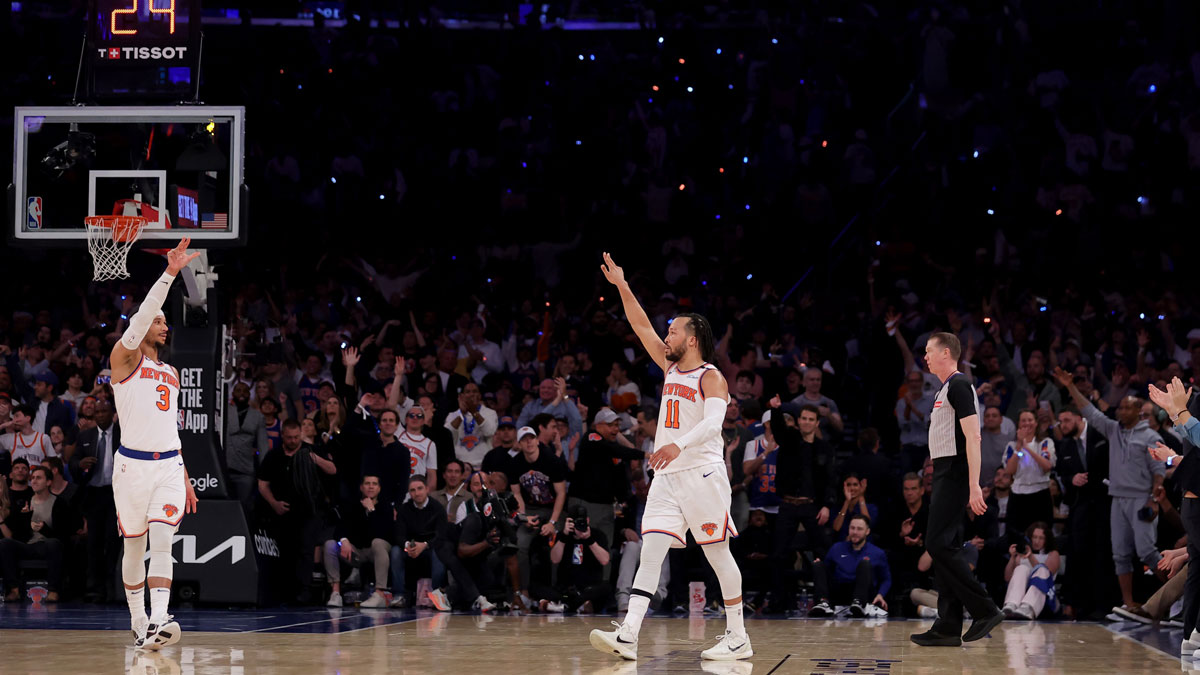 New York Knicks guard Jalen Brunson (11) celebrates his three point shot against the Boston Celtics with guard Josh Hart (3) during the fourth quarter of game six in the second round of the 2025 NBA Playoffs at Madison Square Garden.
