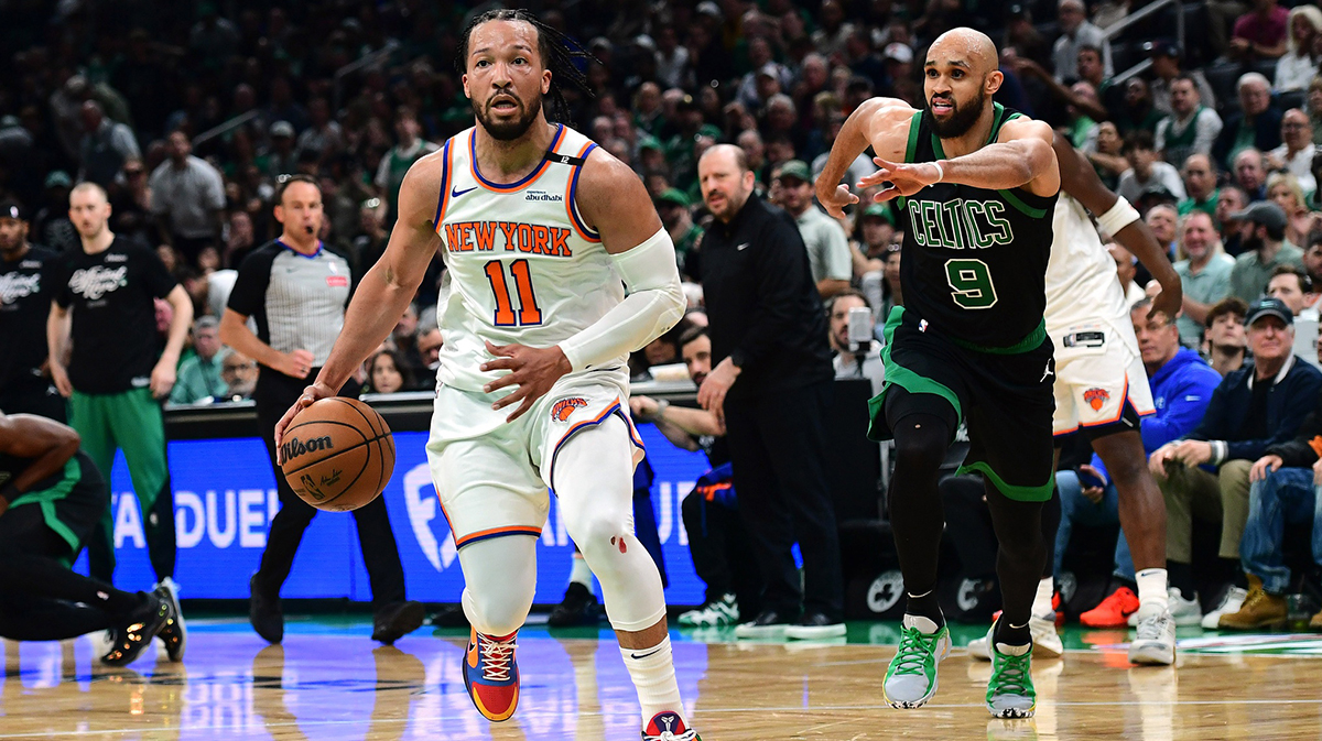 New York Knicks guard Jalen Brunson (11) controls the ball in the first half during game five of the second round for the 2025 NBA Playoffs against the Boston Celtics at TD Garden.