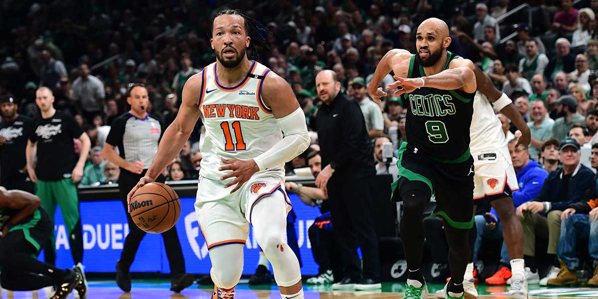 New York Knicks guard Jalen Brunson (11) controls the ball in the first half during game five of the second round for the 2025 NBA Playoffs against the Boston Celtics at TD Garden.