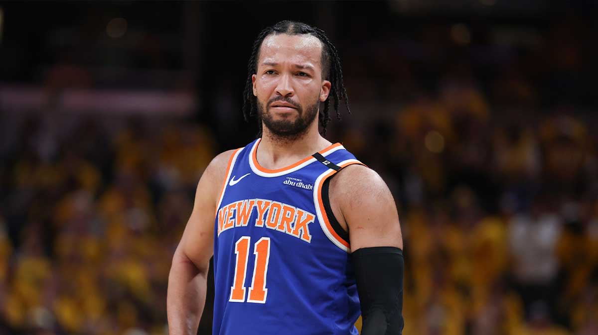 New York Knicks guard Jalen Brunson (11) reacts in the second quarter during game six of the eastern conference finals against the Indiana Pacers for the 2025 NBA Playoffs at Gainbridge Fieldhouse.