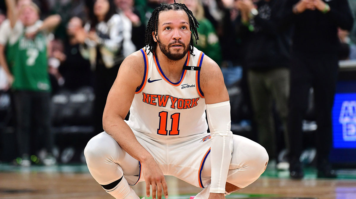 New York Knicks guard Jalen Brunson (11) fouls out of the game in the second half during game five of the second round for the 2025 NBA Playoffs against the Boston Celtics at TD Garden.