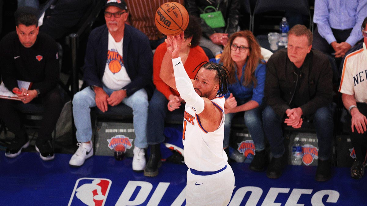 New York Knicks guard Jalen Brunson (11) shoots a three point shot against the Indiana Pacers in the third quarter during game two of the eastern conference finals for the 2025 NBA Playoffs at Madison Square Garden.