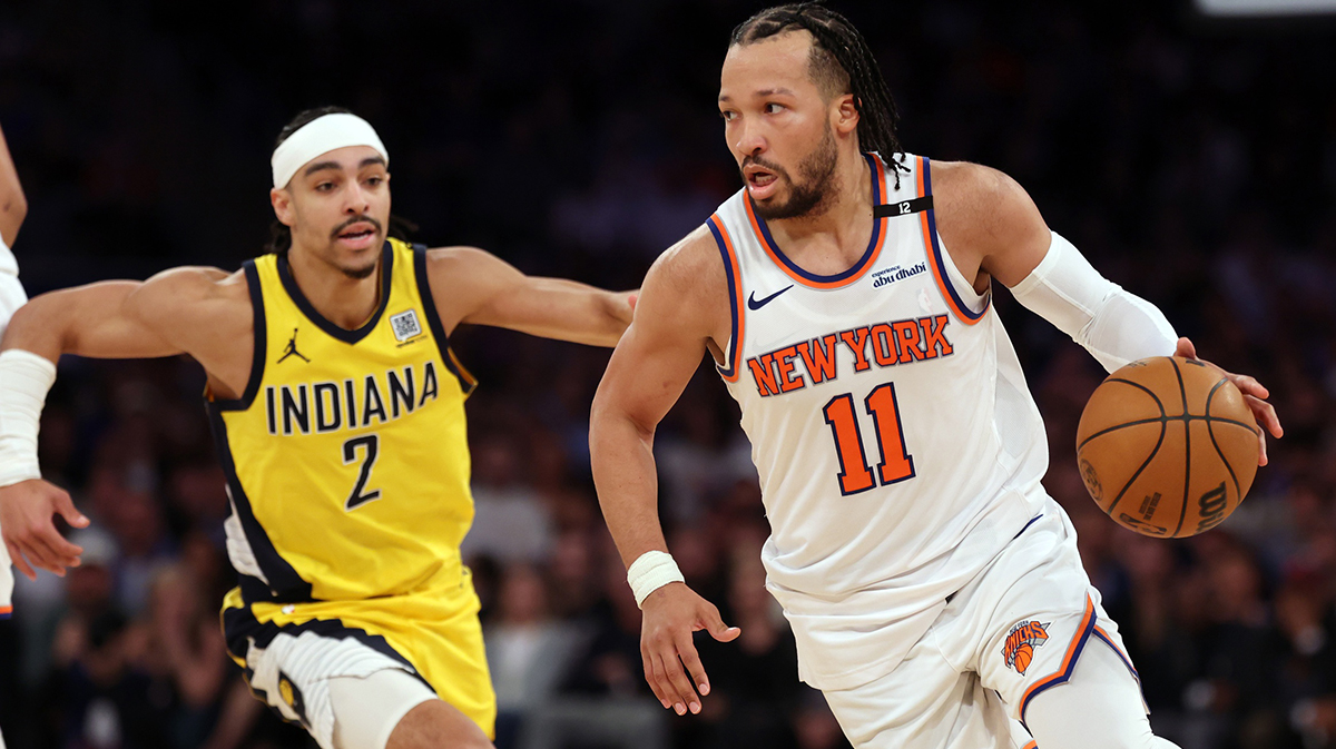 New York Knicks guard Jalen Brunson (11) controls the ball against Indiana Pacers guard Andrew Nembhard (2) in the fourth quarter during game five of the eastern conference finals for the 2025 NBA Playoffs at Madison Square Garden.