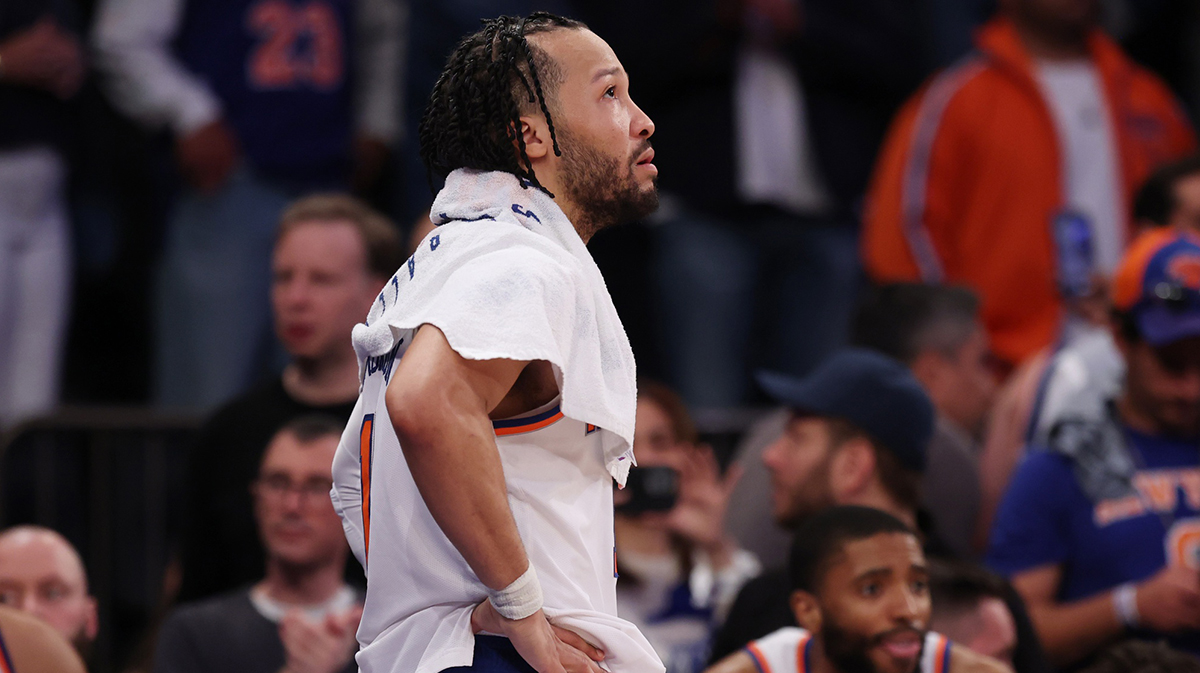 New York Knicks guard Jalen Brunson (11) looks on in the fourth quarter against the Indiana Pacers during game five of the eastern conference finals for the 2025 NBA Playoffs at Madison Square Garden.