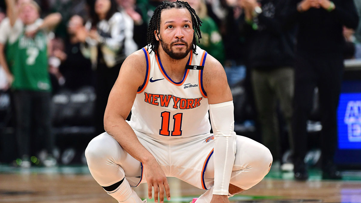 May 14, 2025; Boston, Massachusetts, USA; New York Knicks guard Jalen Brunson (11) fouls out of the game in the second half during game five of the second round for the 2025 NBA Playoffs against the Boston Celtics at TD Garden. Mandatory Credit: Bob DeChiara-Imagn Images