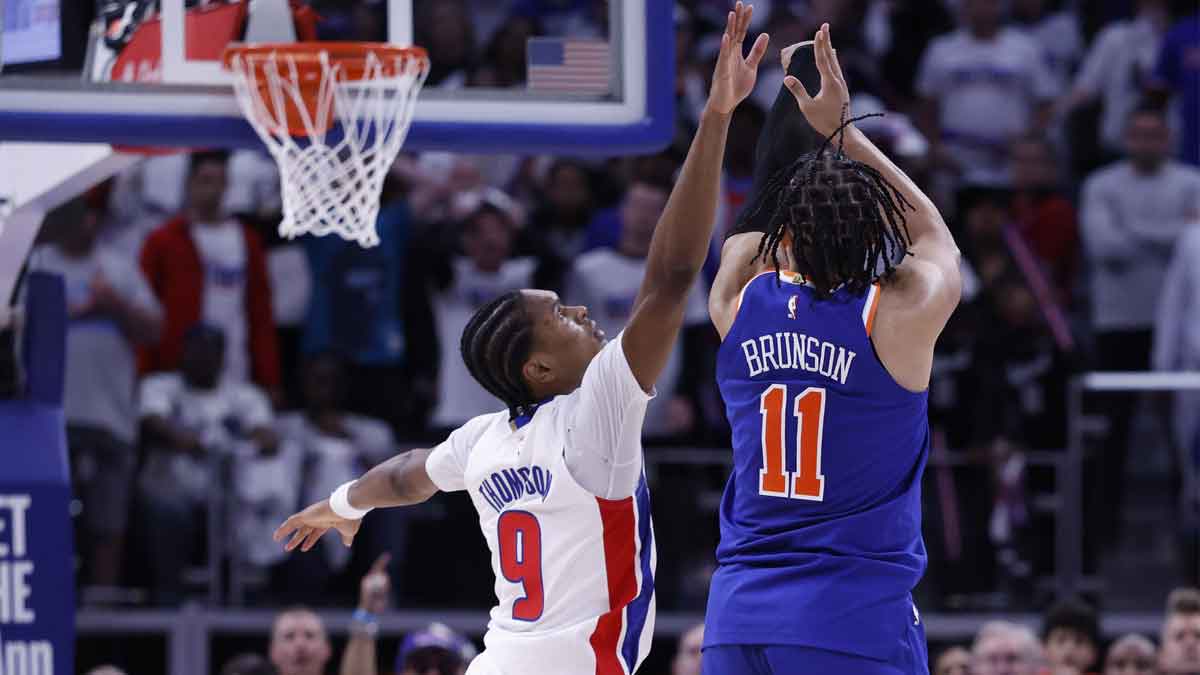 New York Knicks guard Jalen Brunson (11) shoots on Detroit Pistons forward Ausar Thompson (9) in the second half during game six of first round for the 2024 NBA Playoffs at Little Caesars Arena.