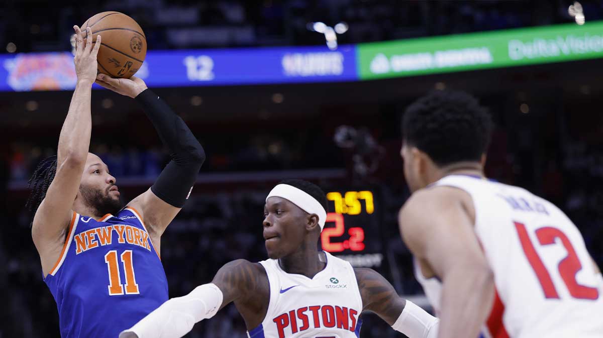 New York Knicks guard Jalen Brunson (11) shoots on Detroit Pistons forward Ausar Thompson (9) in the second half during game six of first round for the 2024 NBA Playoffs at Little Caesars Arena