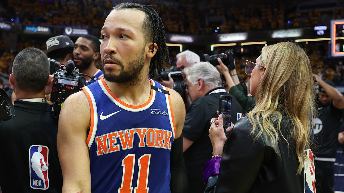 New York Knicks guard Jalen Brunson (11) reacts after game six of the eastern conference finals against the Indiana Pacers for the 2025 NBA Playoffs at Gainbridge Fieldhouse.