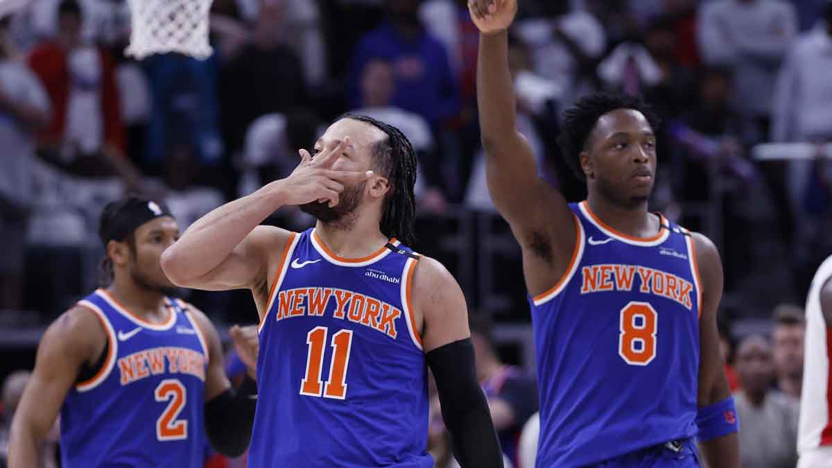 New York Knicks guard Jalen Brunson (11) celebrates his three point basket in the fourth quarter against the Detroit Pistons during game six of first round for the 2024 NBA Playoffs at Little Caesars Arena.