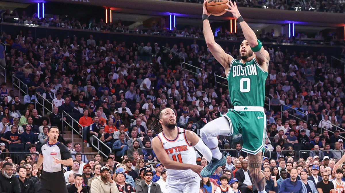 Boston Celtics forward Jayson Tatum (0) drives past New York Knicks guard Jalen Brunson (11) in the third quarter during game three of the second round for the 2025 NBA Playoffs at Madison Square Garden.
