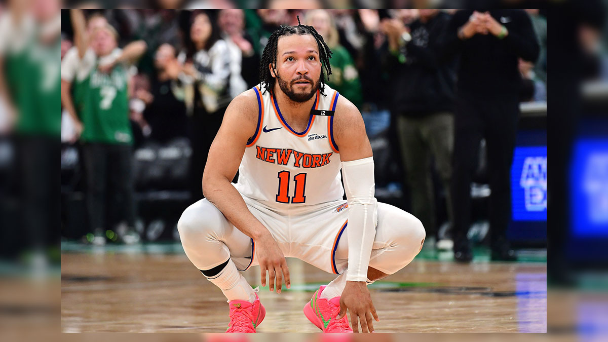 New York Knicks guard Jalen Brunson (11) fouls out of the game in the second half during game five of the second round for the 2025 NBA Playoffs against the Boston Celtics at TD Garden.