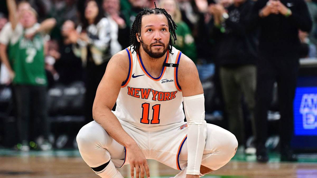New York Knicks guard Jalen Brunson (11) fouls out of the game in the second half during game five of the second round for the 2025 NBA Playoffs against the Boston Celtics at TD Garden. Mandatory Credit: Bob DeChiara-Imagn Images