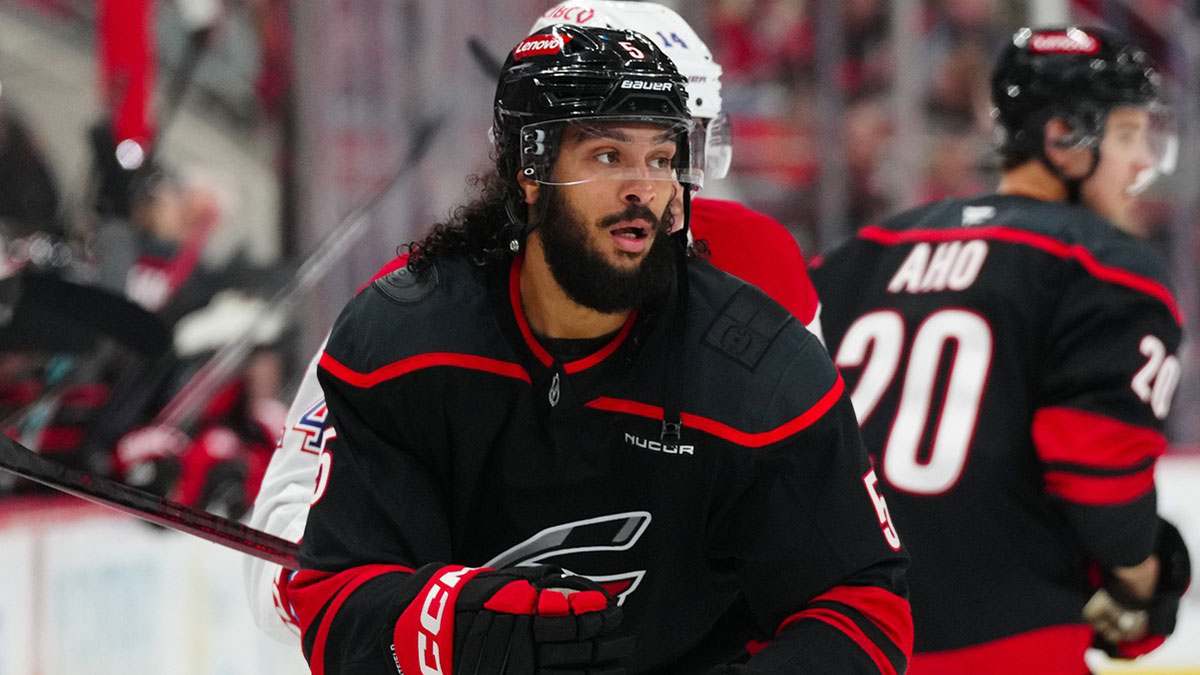 Carolina Hurricanes defenseman Jalen Chatfield (5) watches the play against the Montreal Canadiens during the second period at Lenovo Center.