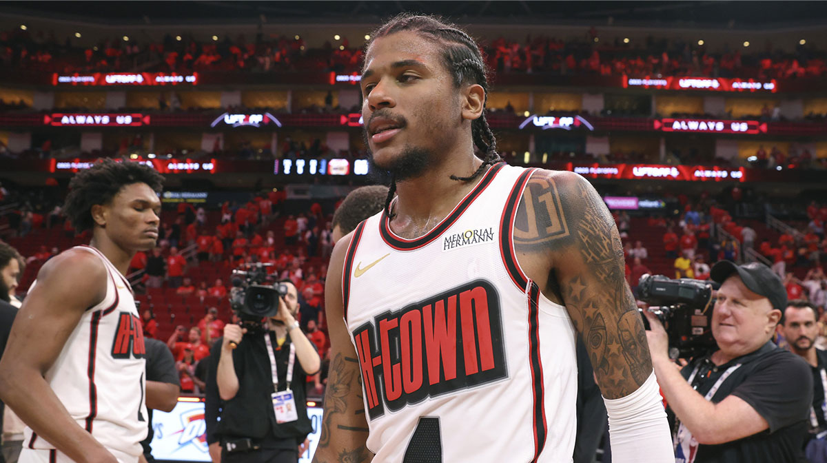 Houston Rockets guard Jalen Green (4) walks off the court after game seven of the first round for the 2025 NBA Playoffs against the Golden State Warriors at Toyota Center.