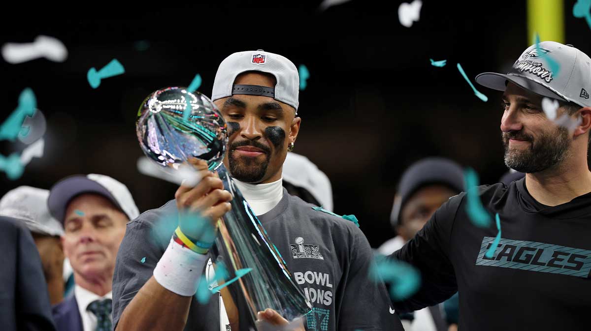 Philadelphia Eagles quarterback Jalen Hurts (1) celebrates with head coach Nick Sirianni after winning against Kansas City Chiefs in Super Bowl LIX at Caesars Superdome.