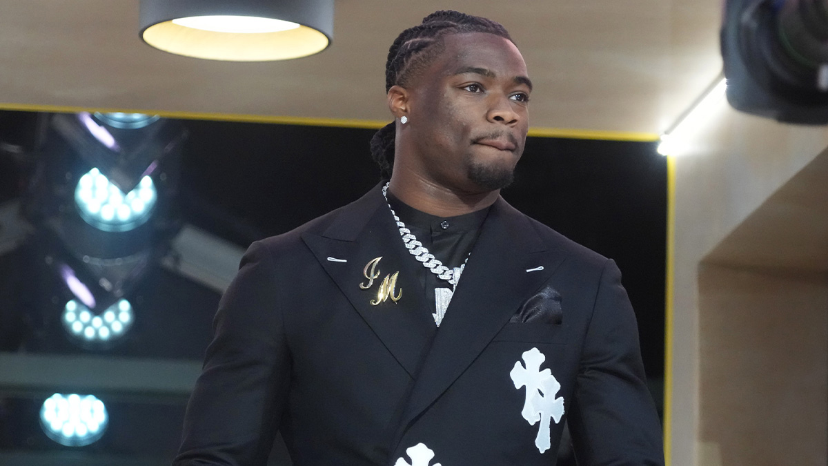 Alabama Crimson Tide quarterback Jalen Milroe is introduced before the first round of the 2025 NFL Draft at Lambeau Field.