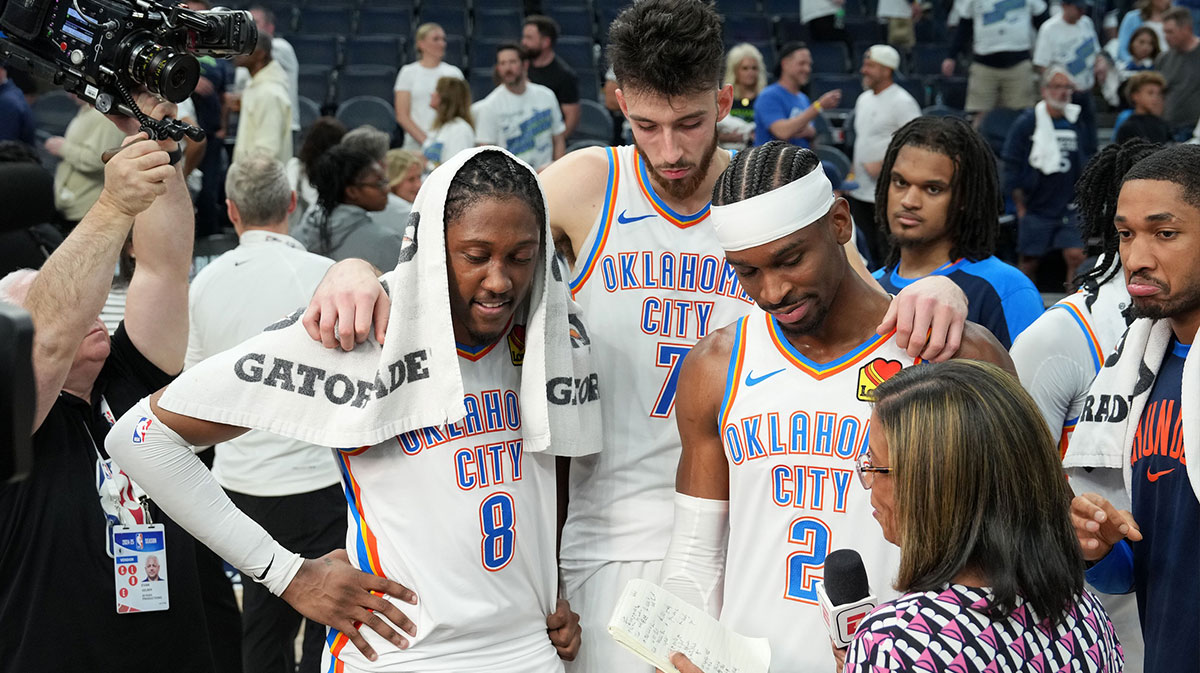 Oklahoma City Thunder forward Jalen Williams (8), forward Chet Holmgren (7) and guard Shai Gilgeous-Alexander (2) talk to the media after defeating the Minnesota Timberwolves in game four of the western conference finals for the 2025 NBA Playoffs at Target Center.