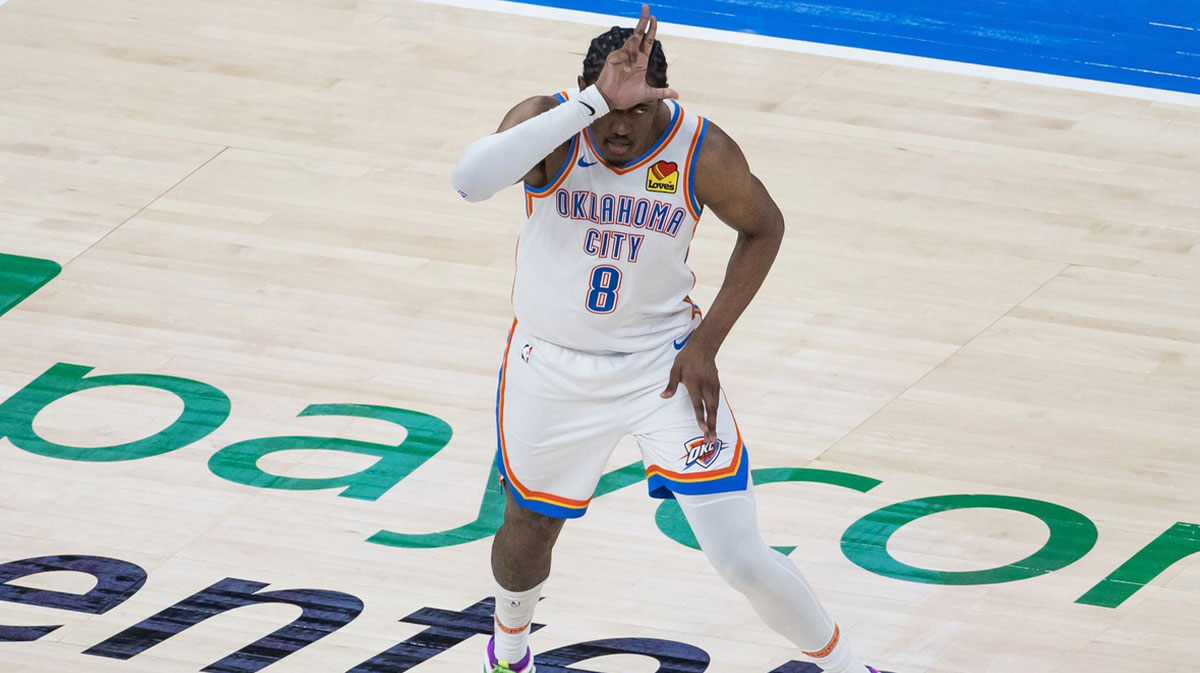 Thunder forward Jalen Williams (8) reacts after a basket against the Minnesota Timberwolves during game one of the western conference finals for the 2025 NBA Playoffs at Paycom Center.