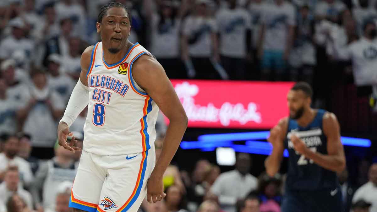 Oklahoma City Thunder forward Jalen Williams (8) reacts against the Minnesota Timberwolves in the second half during game four of the western conference finals for the 2025 NBA Playoffs at Target Center.