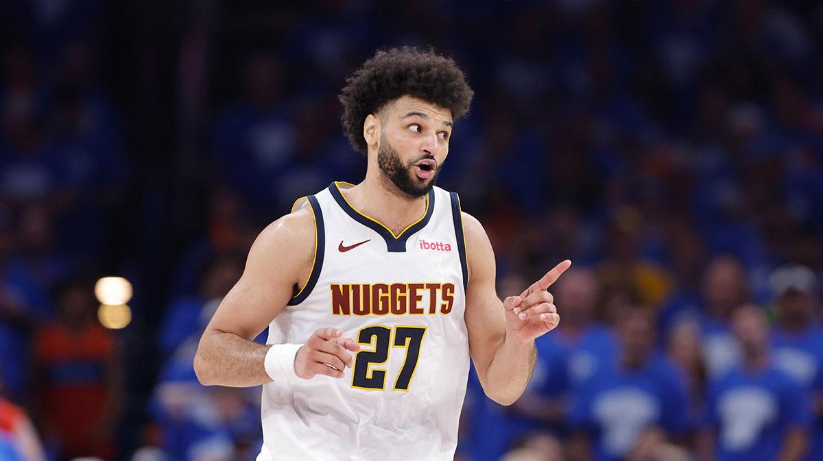 Denver Nuggets guard Jamal Murray (27) gestures to his team during a play against the Oklahoma City Thunder in the second half during game seven of the second round for the 2025 NBA Playoffs at Paycom Center.