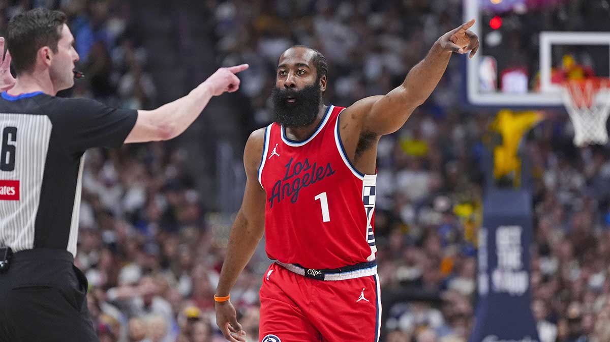 LA Clippers guard James Harden (1) in the first quarter against the Denver Nuggets during game seven of first round for the 2025 NBA Playoffs at Ball Arena.