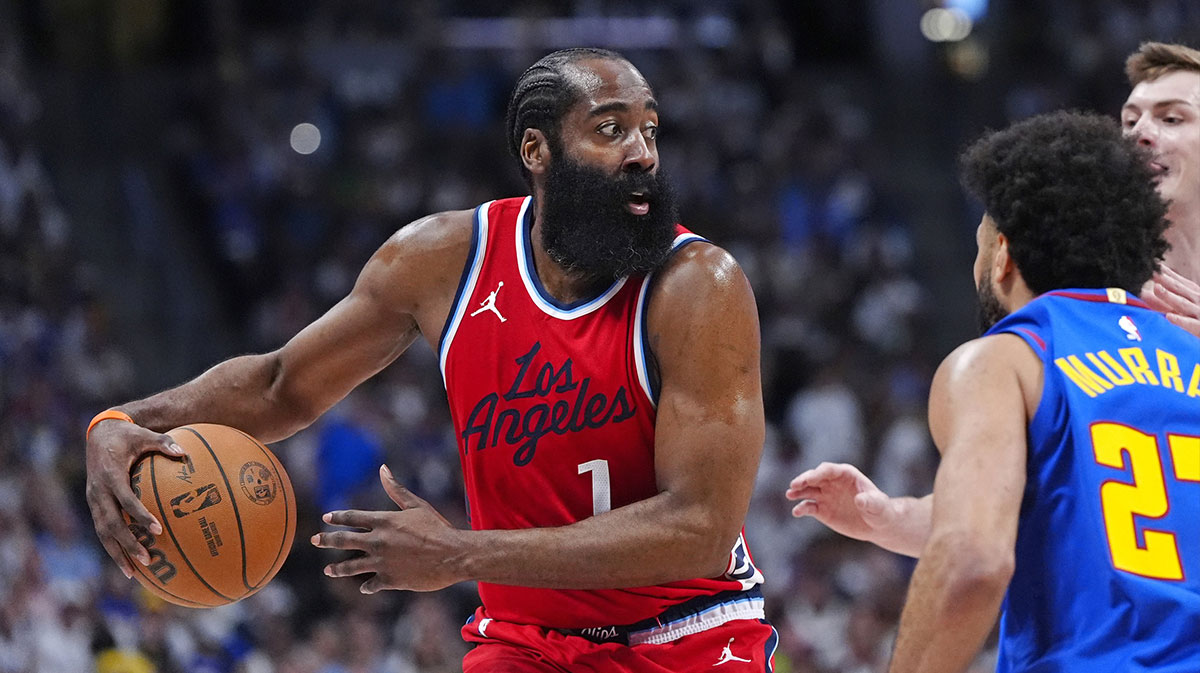 LA Clippers guard James Harden (1) prepares to pass the ball in the second quarter against the Denver Nuggets during game seven of first round for the 2025 NBA Playoffs at Ball Arena.