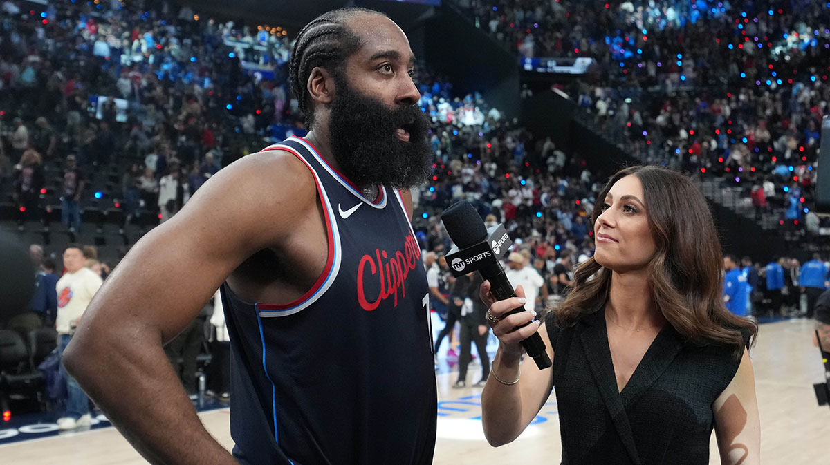 NBA on TNT reporter Lauren Jbara (right) interviews LA Clippers guard James Harden (1) after game six of first round for the 2025 NBA Playoffs against the Denver Nuggets at Intuit Dome.