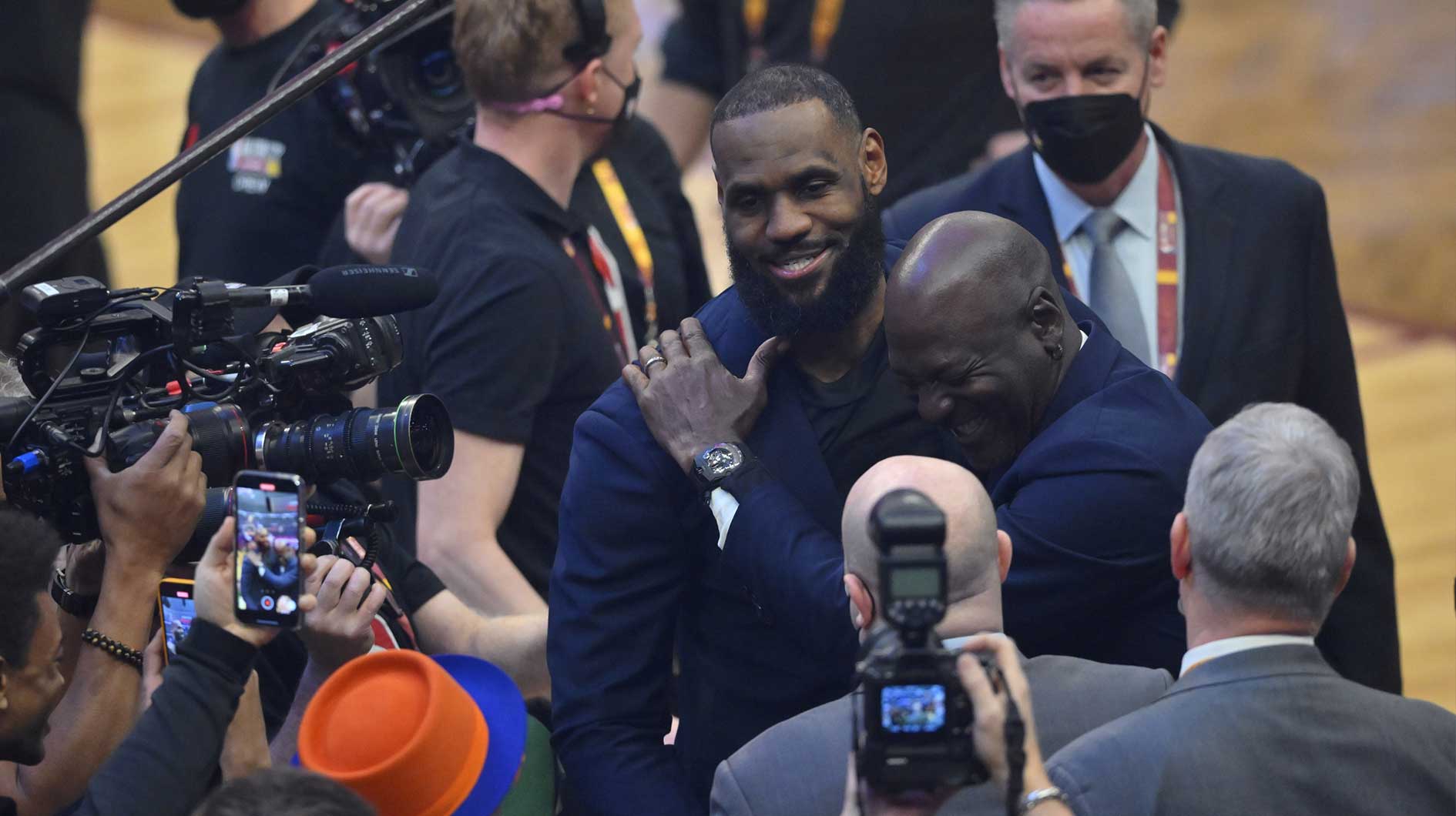 Lebron James and Michael Jordan on court during halftime during the 2022 NBA All-Star Game at Rocket Mortgage FieldHouse.