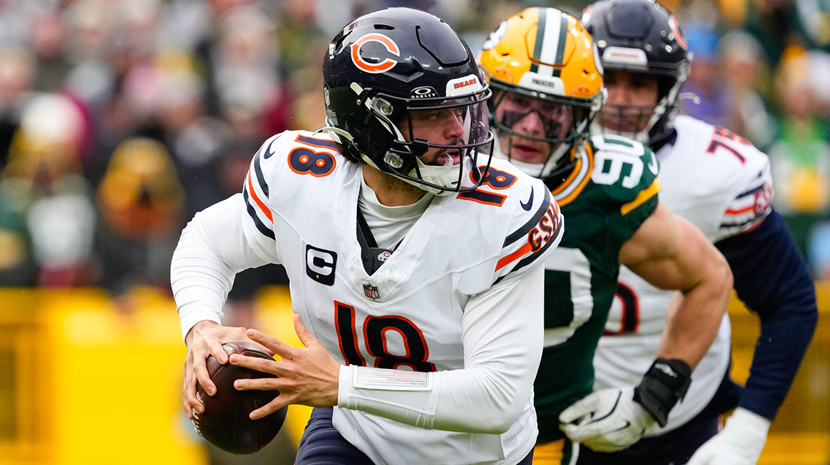 Jan 5, 2025; Green Bay, Wisconsin, USA; Chicago Bears quarterback Caleb Williams (18) during the game against the Chicago Bears at Lambeau Field. Mandatory Credit: Jeff Hanisch-Imagn Images