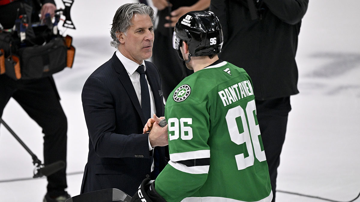 Colorado Avalanche head coach Jared Bednar shakes hands with Dallas Stars right wing Mikko Rantanen (96) after the Stars defeats the Avalanche in game seven of the first round of the 2025 Stanley Cup Playoffs at American Airlines Center.
