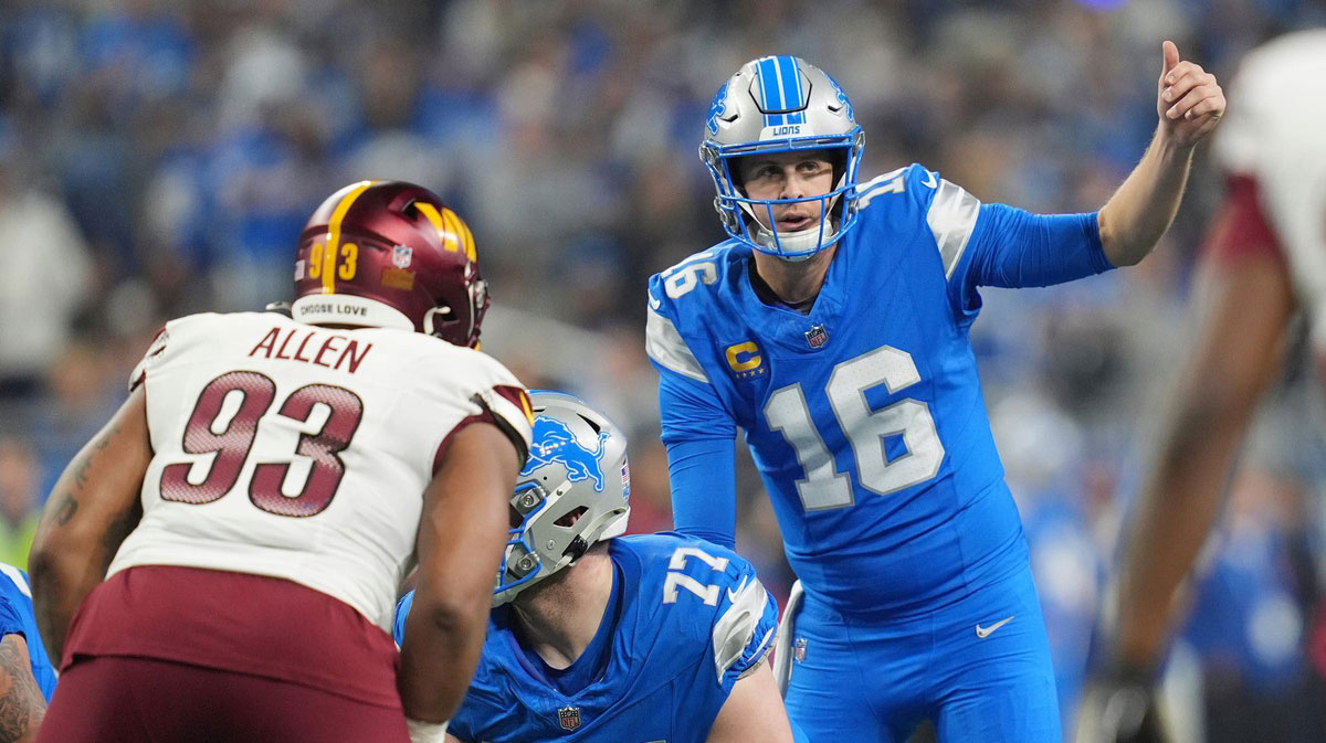 Detroit Lions quarterback Jared Goff (16) waits for the snap in the first half against the Washington Commanders in the NFC divisional round at Ford Field in Detroit on Saturday, Jan. 18, 2025.