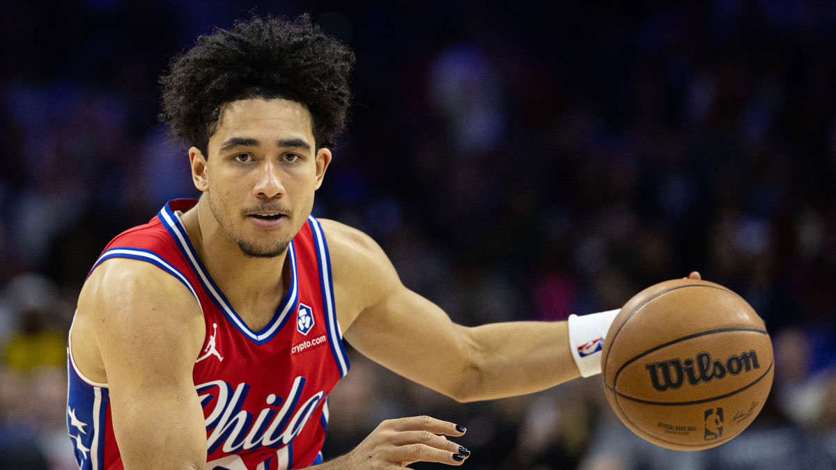 Philadelphia 76ers guard Jared McCain (20) in action against the Indiana Pacers at Wells Fargo Center.
