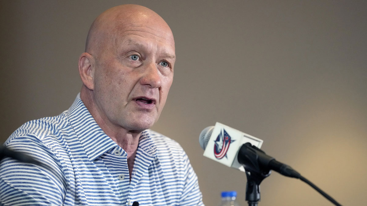 Columbus Blue Jackets General Manager Jarmo Kekalainen speaks after hiring Mike Babcock as the new head coach during a press conference at Nationwide Arena