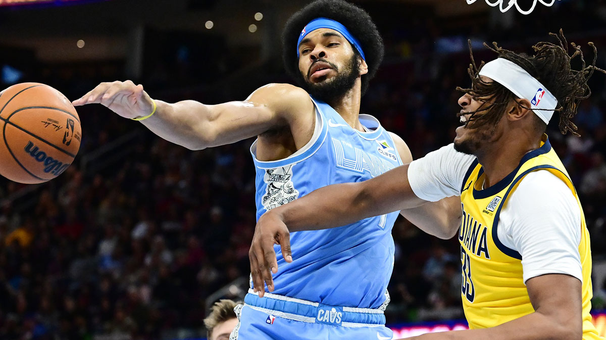 Cleveland Cavaliers center Jarrett Allen (31) goes for a rebound against Indiana Pacers center Myles Turner (33) during the second half at Rocket Mortgage FieldHouse.