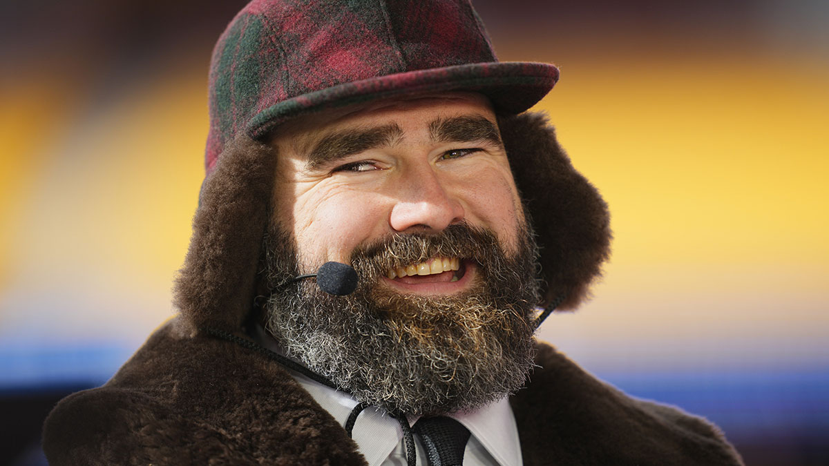 Jan 18, 2025; Kansas City, Missouri, USA; Philadelphia Eagles former player and ESPN commentator Jason Kelce reacts before in a 2025 AFC divisional round game between the Kansas City Chiefs and the Houston Texans at GEHA Field at Arrowhead Stadium. Mandatory Credit: Jay Biggerstaff-Imagn Images