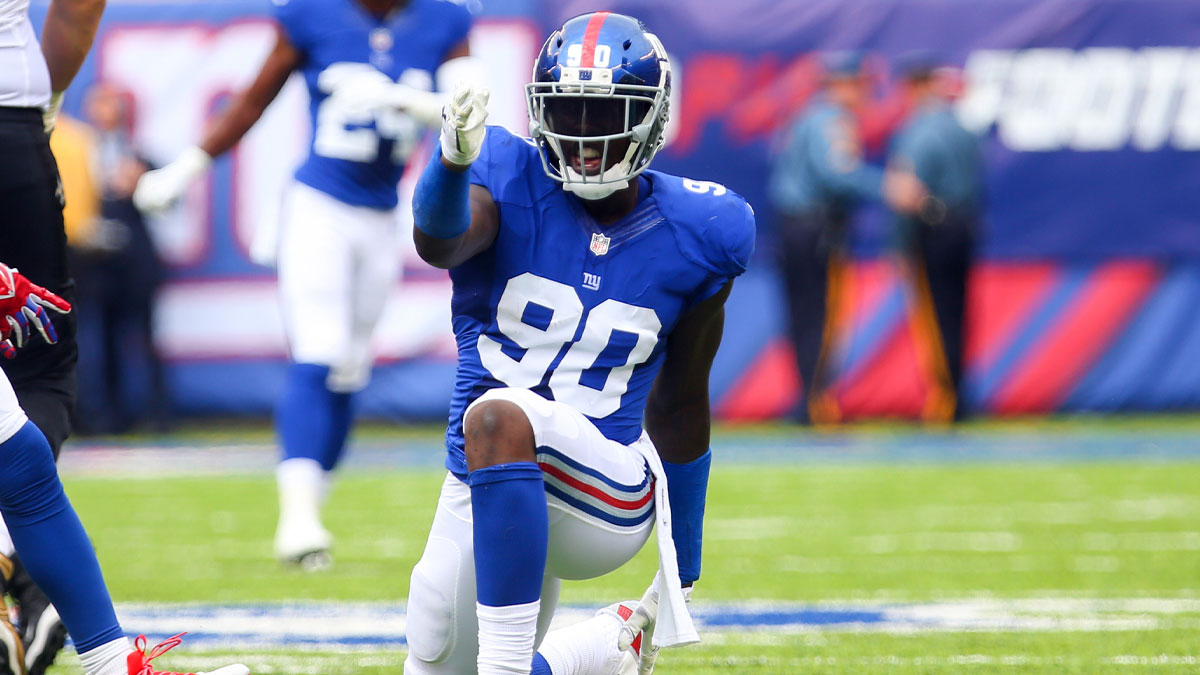 Former New York Giants All-Pro edge rusher Jason Pierre-Paul, who wants to return to the NFL, celebrates a sack against the Saints.