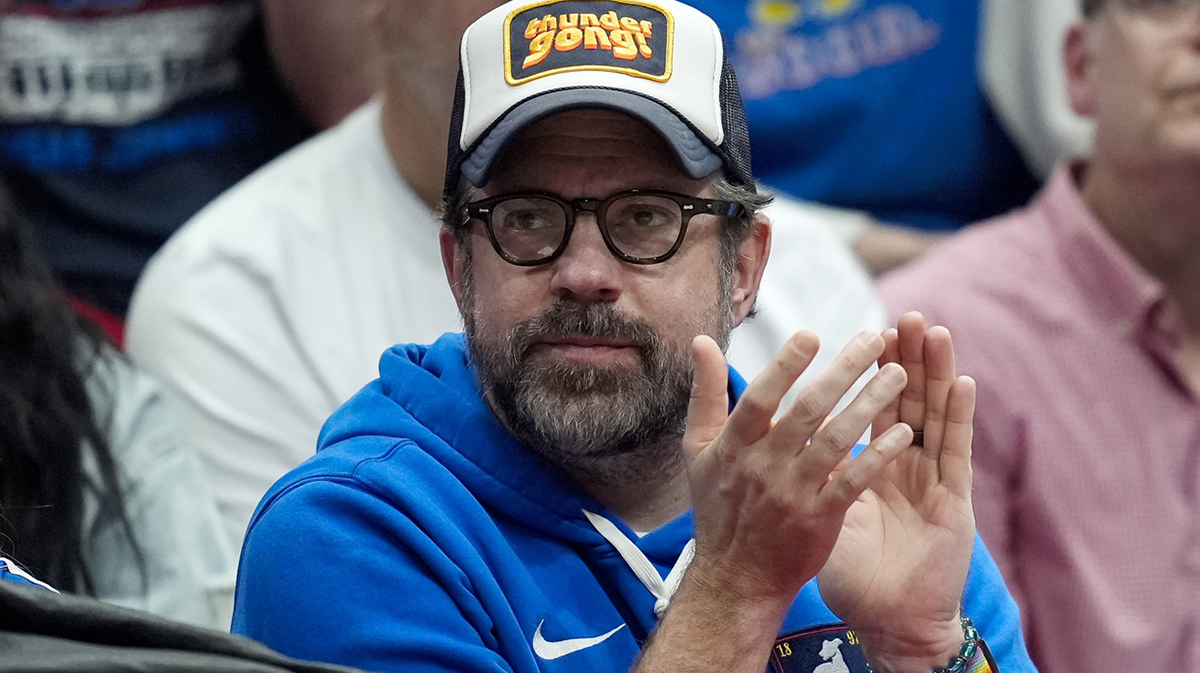 Actor Jason Sudeikis watches the action during the second half between the Furman Paladins and the Kansas Jayhawks at Allen Fieldhouse.