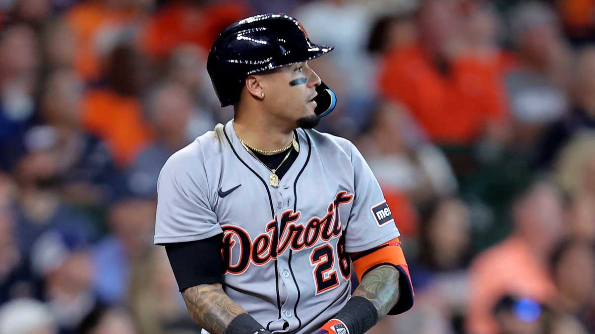 Detroit Tigers center fielder Javier Baez (28) hits a grand slam home run against the Houston Astros during the third inning.
