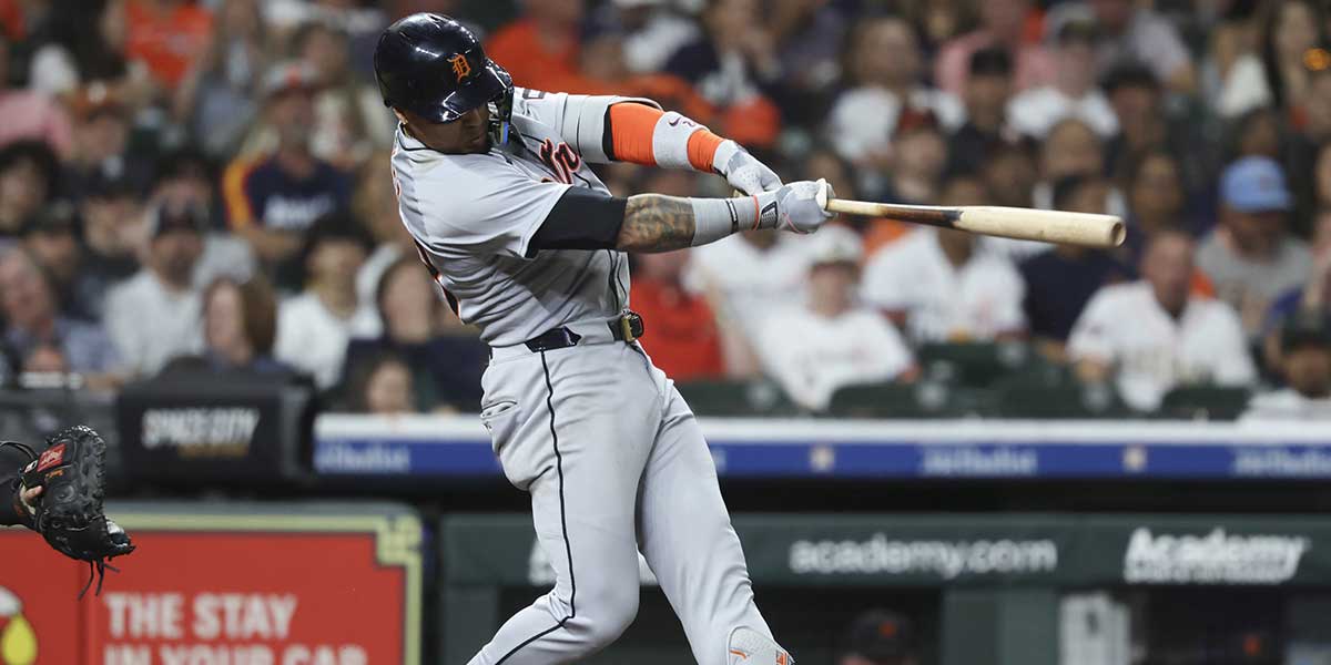 Apr 28, 2025; Houston, Texas, USA; Detroit Tigers center fielder Javier Baez (28) hits a double during the fifth inning against the Houston Astros at Daikin Park.