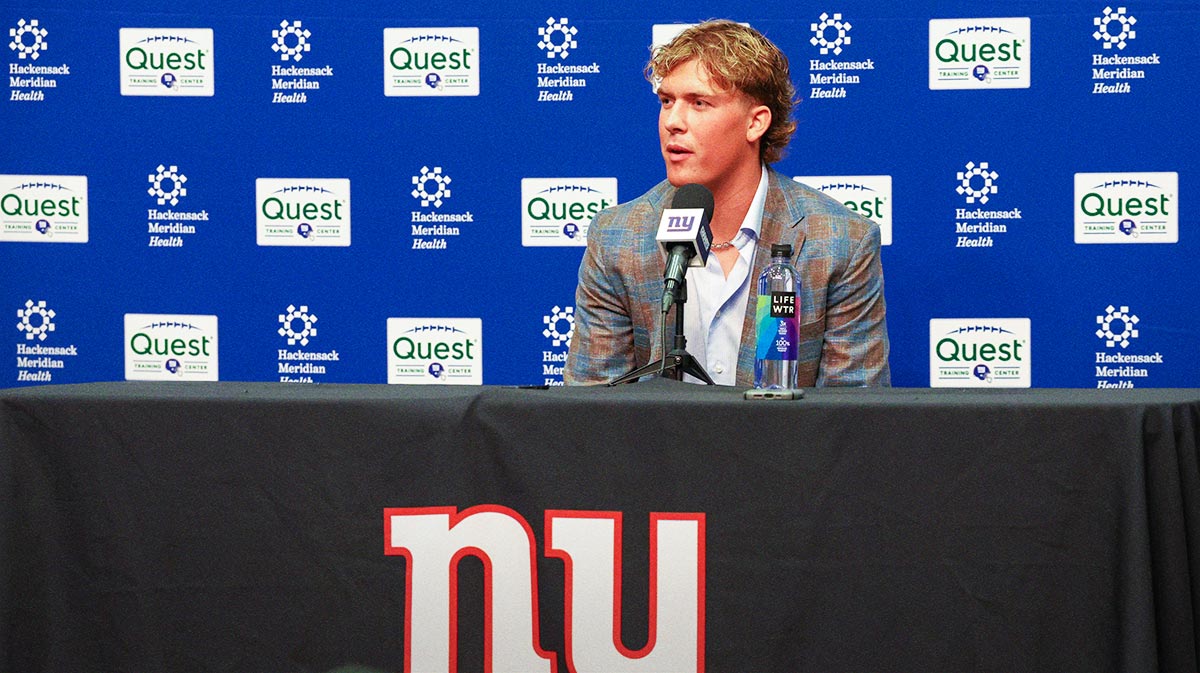 New York Giants first round draft pick, Jaxson Dart, takes questions from the media during his introduction press conference.