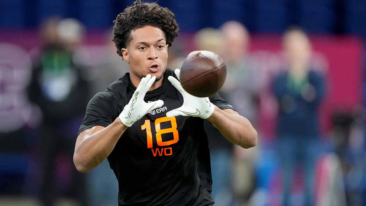 Iowa State wideout Jayden Higgins (WO18) during the 2025 NFL Combine at Lucas Oil Stadium.