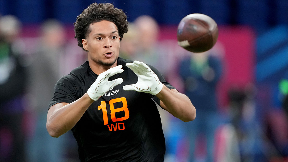 Iowa State wideout and Houston Texans 2025 NFL Draft pick Jayden Higgins (WO18) during the 2025 NFL Combine at Lucas Oil Stadium.