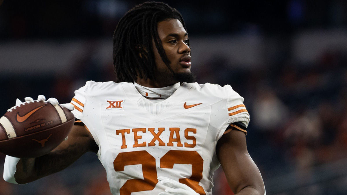 Texas running back Jaydon Blue (23) warms up ahead of the Big 12 Conference Championship game at AT&T Stadium in Arlington, Texas, Saturday, Dec. 2, 2023