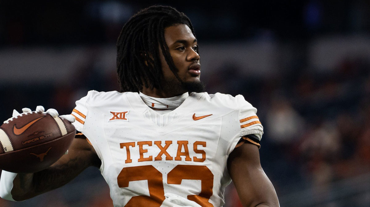 Texas running back Jaydon Blue (23) warms up ahead of the Big 12 Conference Championship game at AT&T Stadium in Arlington, Texas, Saturday, Dec. 2, 2023