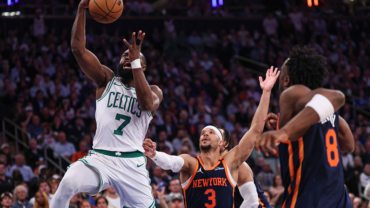 Boston Celtics guard Jaylen Brown (7) goes to the basket in front of New York Knicks guard Josh Hart (3) in the second half during game four of the second round for the 2025 NBA Playoffs at Madison Square Garden.