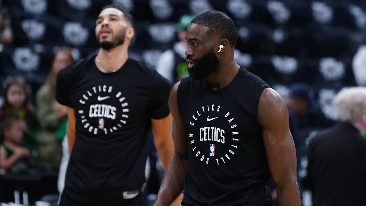 Boston Celtics guard Jaylen Brown (7) and forward Jayson Tatum (0) warm up before the start of game one of the second round for the 2025 NBA Playoffs against the New York Knicks at TD Garden.