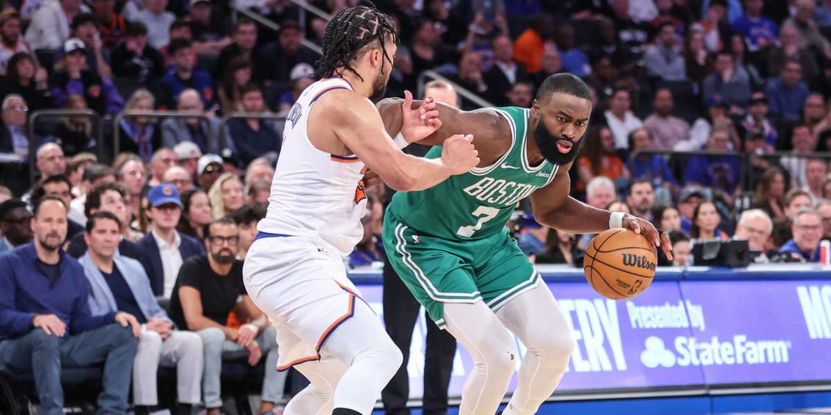 Boston Celtics guard Jaylen Brown (7) looks to drive past New York Knicks guard Jalen Brunson (11) in the fourth quarter during game three of the second round for the 2025 NBA Playoffs at Madison Square Garden.