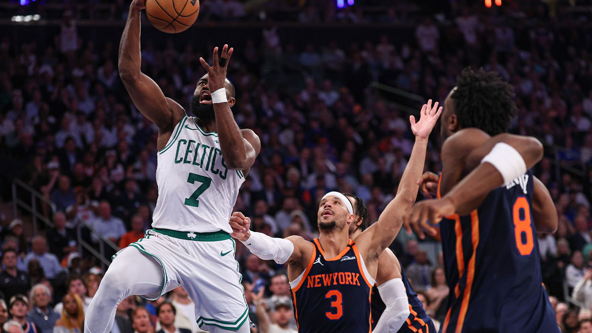Boston Celtics guard Jaylen Brown (7) goes to the basket in front of New York Knicks guard Josh Hart (3) in the second half during game four of the second round for the 2025 NBA Playoffs at Madison Square Garden.