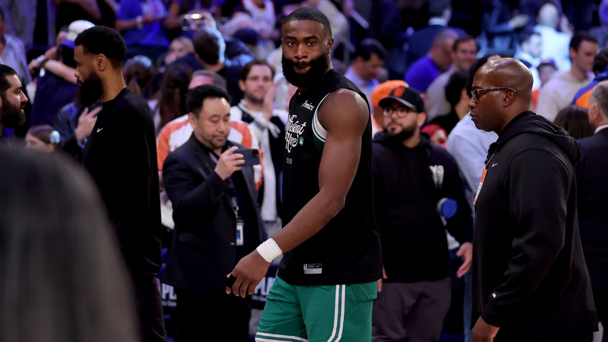 Boston Celtics guard Jaylen Brown (7) walks off the court after losing to the New York Knicks in game six in the second round of the 2025 NBA Playoffs at Madison Square Garden.